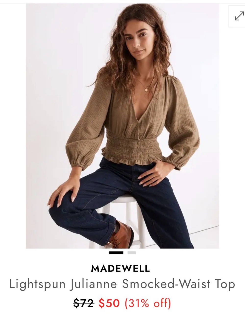 Madewell Lightspun Julianne Smocked-Waist Top — Olive Green